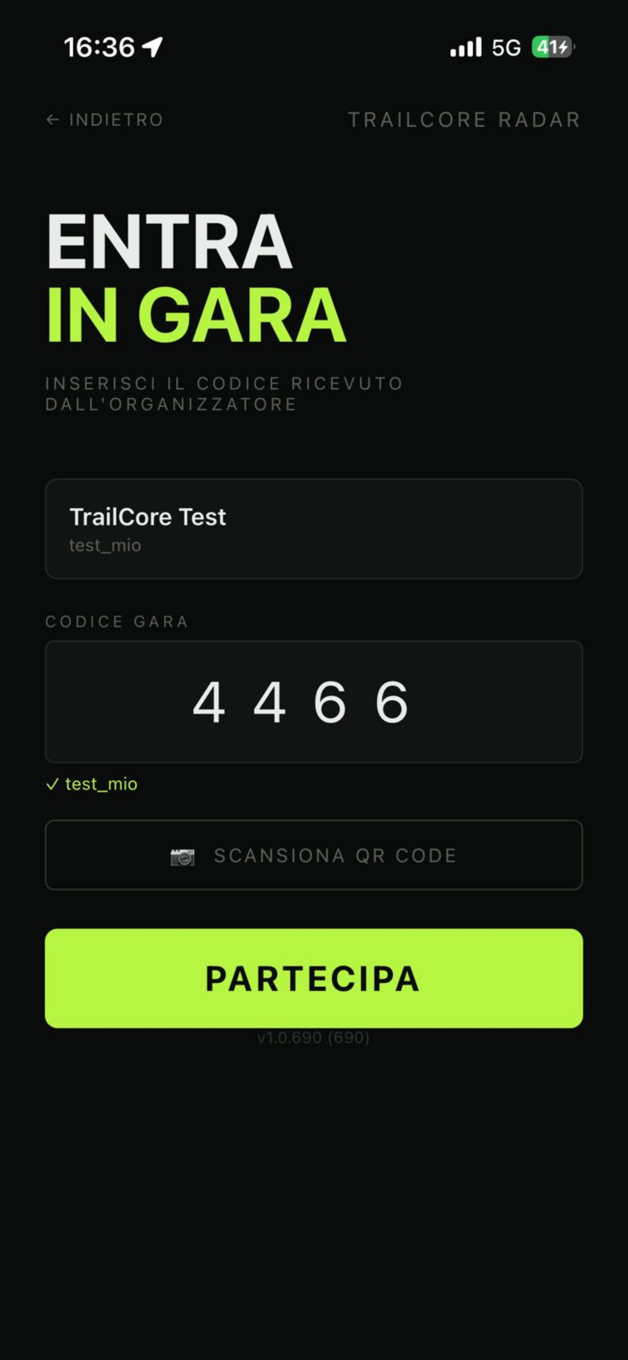 JoinScreen — codice gara verificato