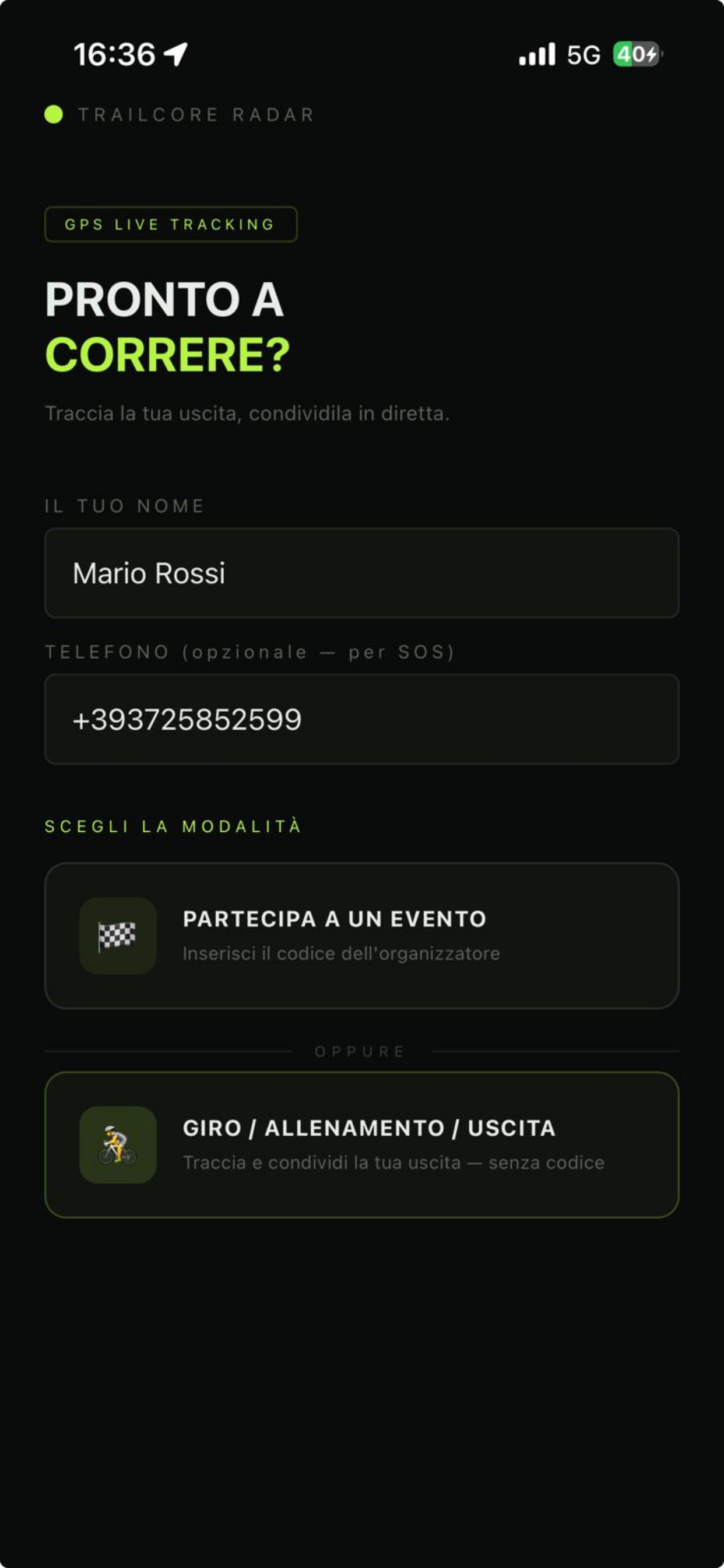 HomeScreen — nome e telefono