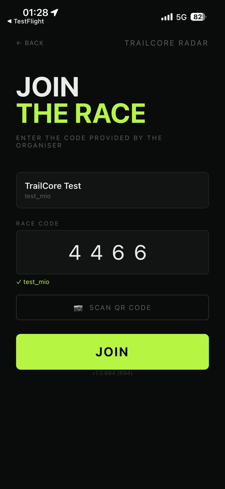 JoinScreen — race code verified